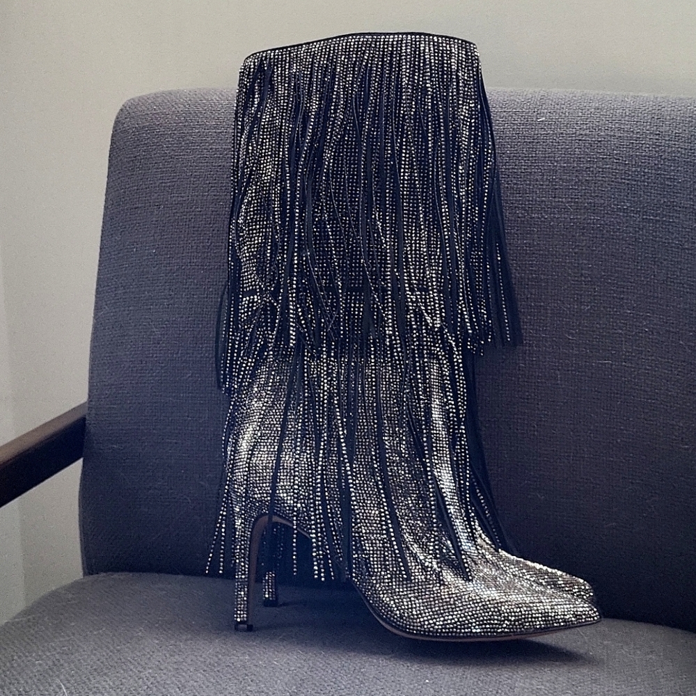 INC Black & Silver/Gunmetal Rhinestone Fringe Boot size 7 NEW